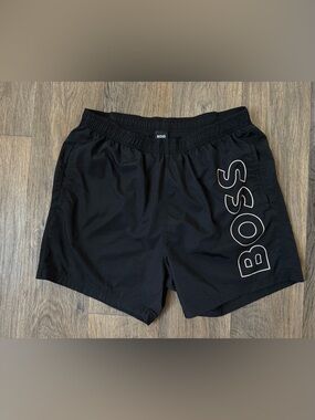 BOSS Men’s Black Octopus Swim Trunks with White Logo